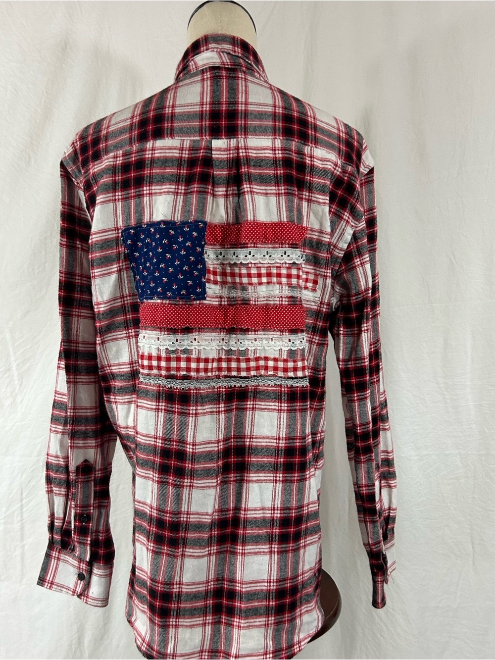 Patriotic Flannel Women’s Button up shirt 4th of July Upcycled American Flag